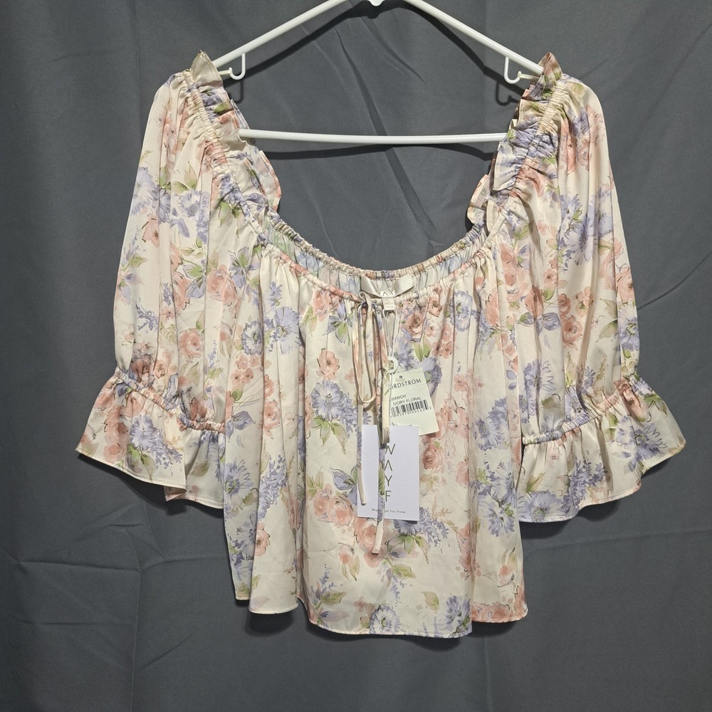 WAYF Floral Cold Shoulder Crop Top‎ Blouse Women's Sz L NWT Flowy Ruffle